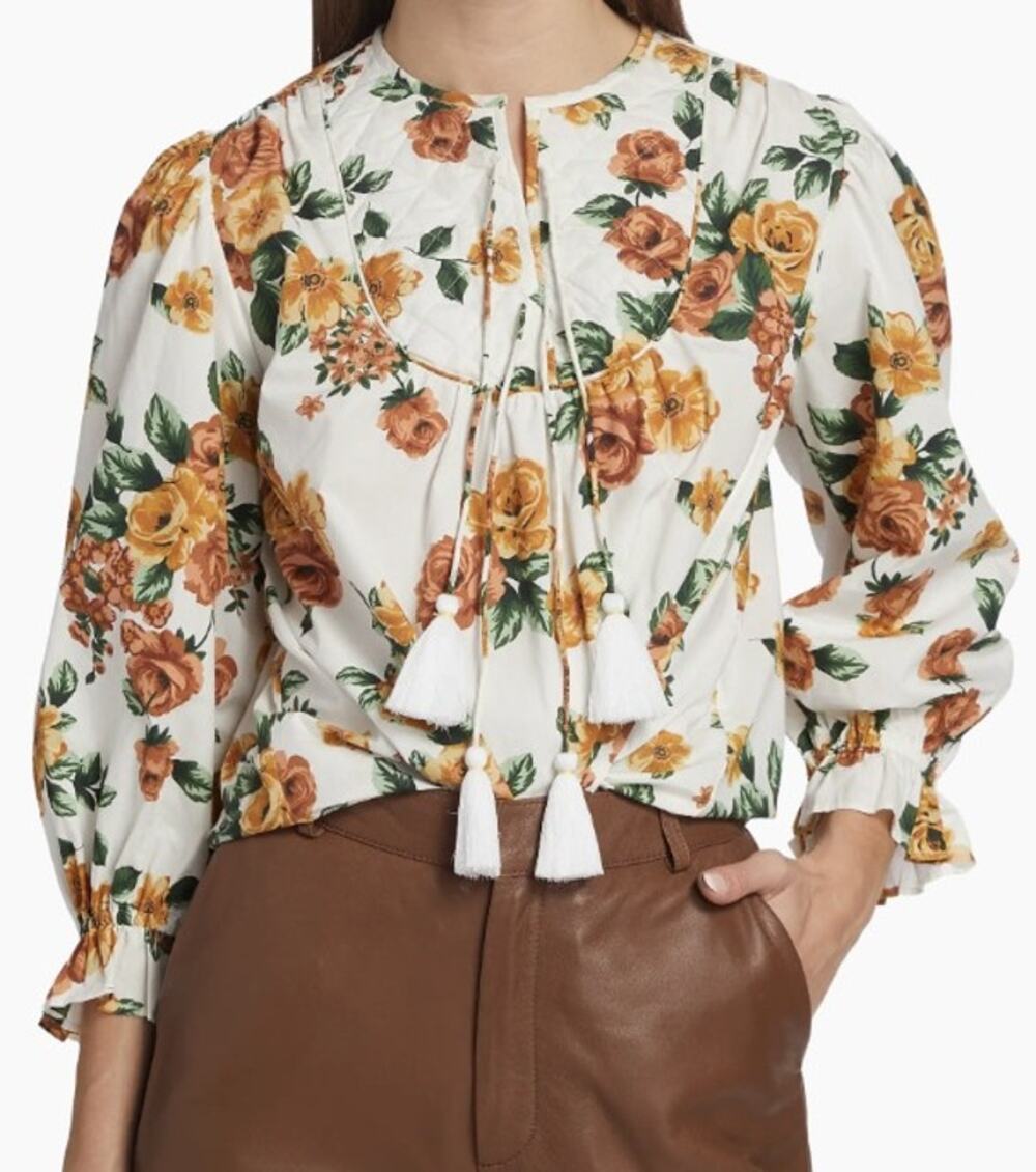 NWT Mille Resort Guilia Floral Tie Neck Blouse White Orange Green Womens XXS